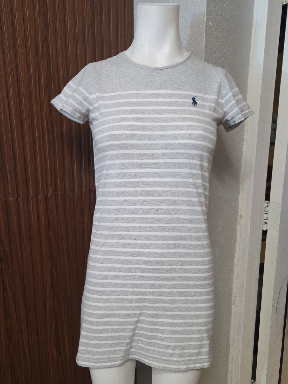 Ralph Lauren Gray & White Striped Tee Dress with Navy Pony
